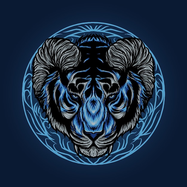 Ilustração em vetor cabeça de tigre com design de chifres e design de camiseta