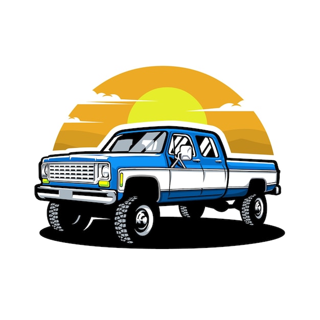 Ilustração em vetor caminhão levantada clássico premium isolada. vetor vintage de caminhão de cabine dupla