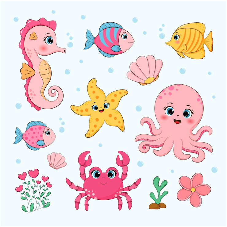 Ilustração em vetor coleção fofa do oceano