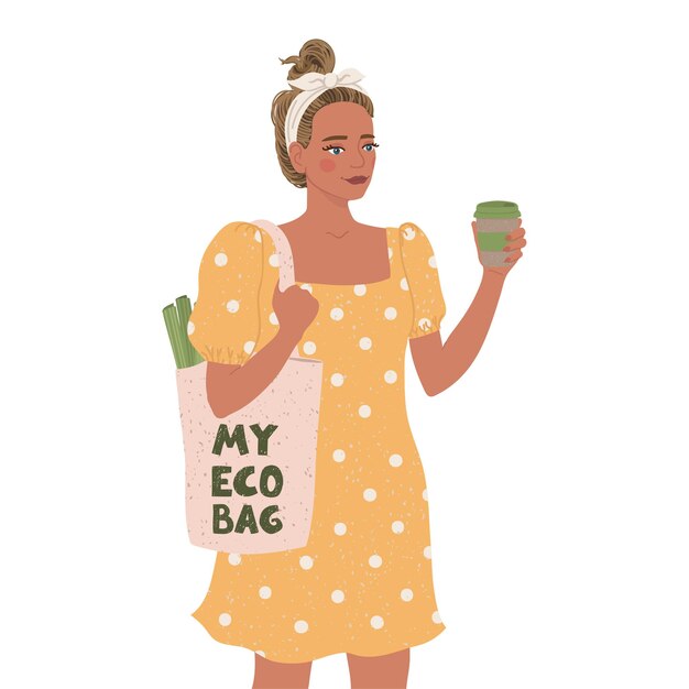 Ilustração em vetor colorida de linda jovem com saco ecológico e xícara de café Conceito de desperdício zero