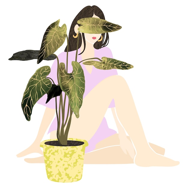 Ilustração em vetor colorida de mulher jovem sentada atrás de uma planta de casa em um vaso