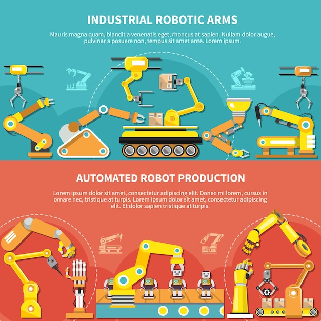 Ilustração em vetor composição plana de braço robótico com braços robóticos industriais e descrições de produção de robôs automatizados