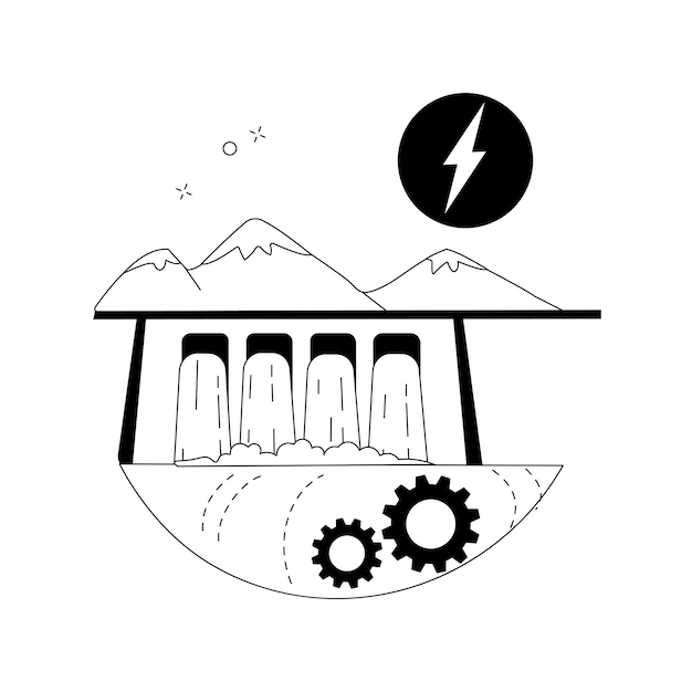 Ilustração em vetor conceito abstrato de energia hidrelétrica energia hidrelétrica energia água fontes renováveis caindo turbina de barragem de usina hidrelétrica de corrida rápida gerar metáfora abstrata de rio