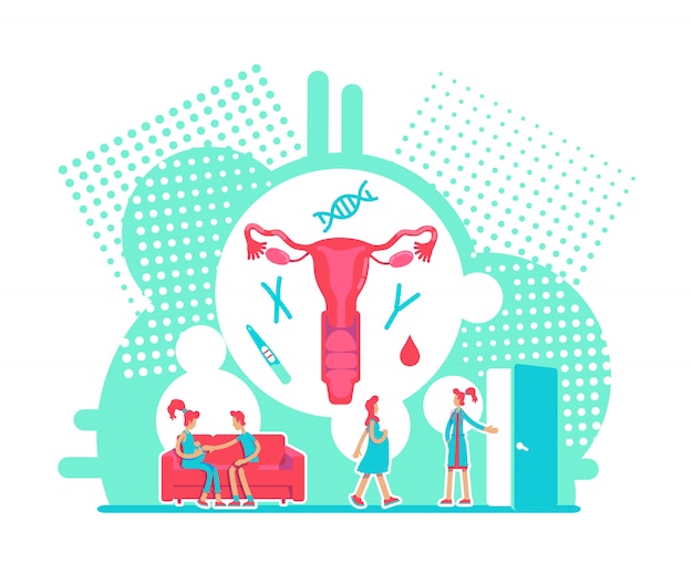 Ilustração em vetor conceito plana fertilização feminina. consulta no hospital para mulher. visita do médico de ginecologia. cuidados pré-natais personagens de desenho animado 2d