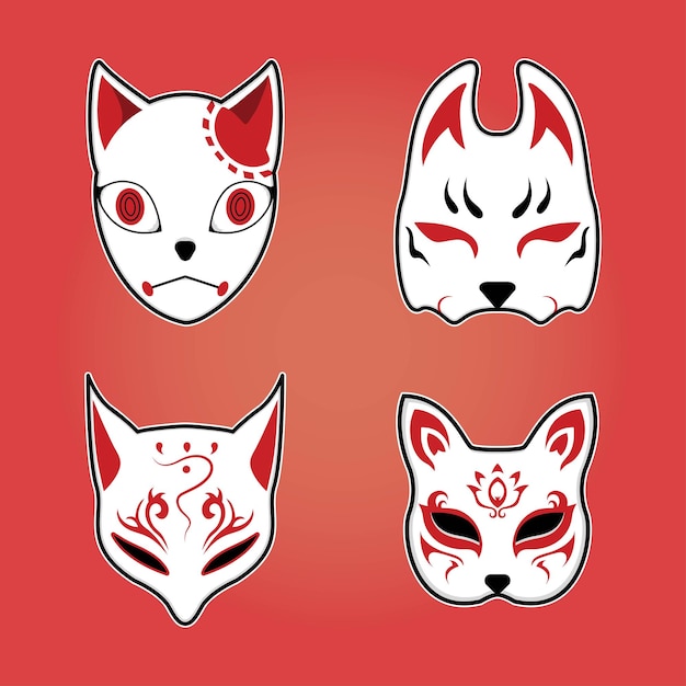 Ilustração em vetor conjunto de máscara kitsune japonesa