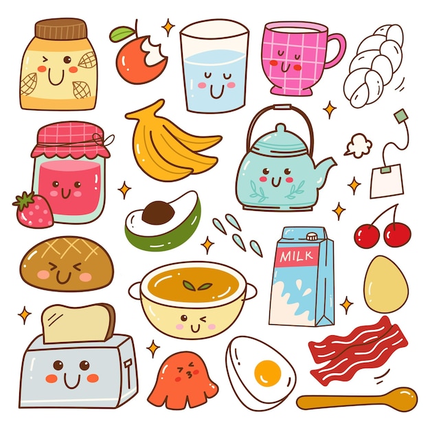 Ilustração em vetor conjunto de rabiscos de kawaii para café da manhã