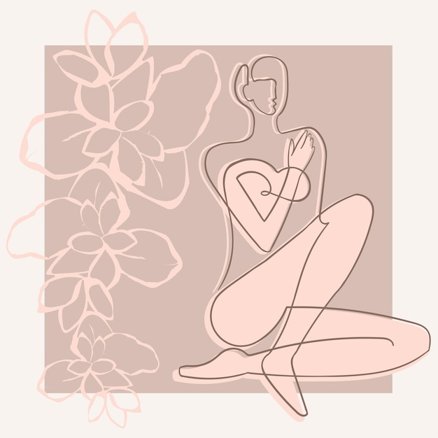 Ilustração em vetor contorno do corpo da mulher em fundo floral abstrato desenho de uma linha