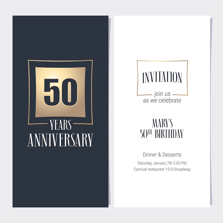 Ilustração em vetor convite aniversário 50 anos. Modelo de design gráfico com elemento dourado para festa de 50 anos ou convite para jantar