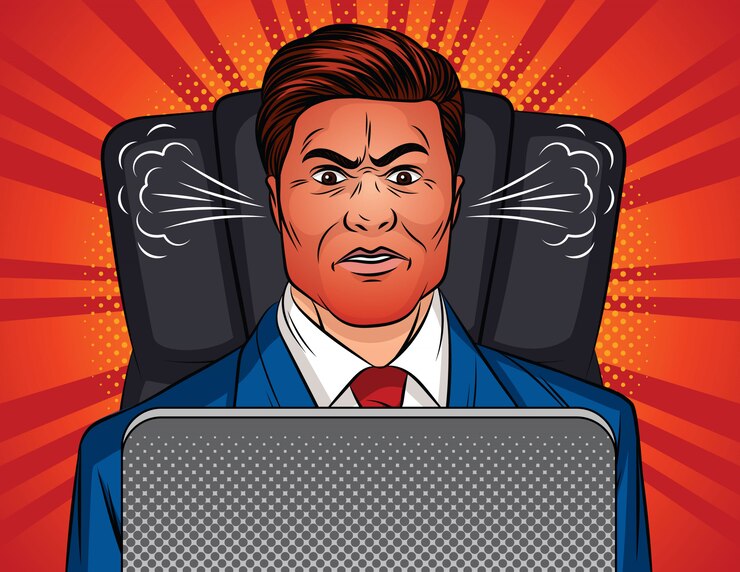 Vetor ilustração em vetor cor arte pop estilo de um homem bravo, sentado em uma cadeira de escritório em uma mesa. chefe está sentado na frente de um laptop. um homem em um terno de escritório com um rosto vermelho e um vapor dos ouvidos