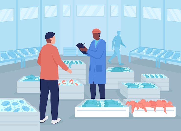 Vetor ilustração em vetor cor lisa do mercado de frutos do mar no atacado. encomendar produtos frescos para restaurantes e empresas. fornecedores e atacadistas de personagens de desenhos animados em 2d com peixes congelados no fundo