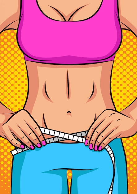 Vetor ilustração em vetor cor pop estilo arte. a menina medindo a cintura dela. esbelta barriga feminina.