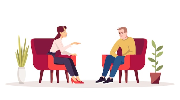 Ilustração em vetor cor RGB semi plana de sessão de terapia. Entrevista. Reunião. Casal nas poltronas. Pessoas conversando na sala aconchegante. Consulta de psicologia. Personagem de desenho animado isolada em branco