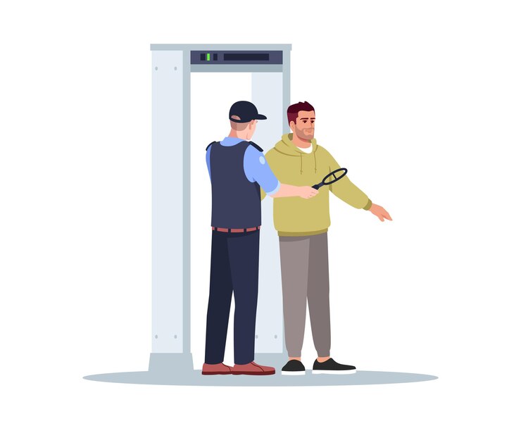 Vetor ilustração em vetor cor rgb semi plana de varredura corporal. o oficial de segurança verifica o passageiro. guarda com detector de metais. controle de fronteira. terminal de aeroporto isolado personagem de desenho animado em fundo branco