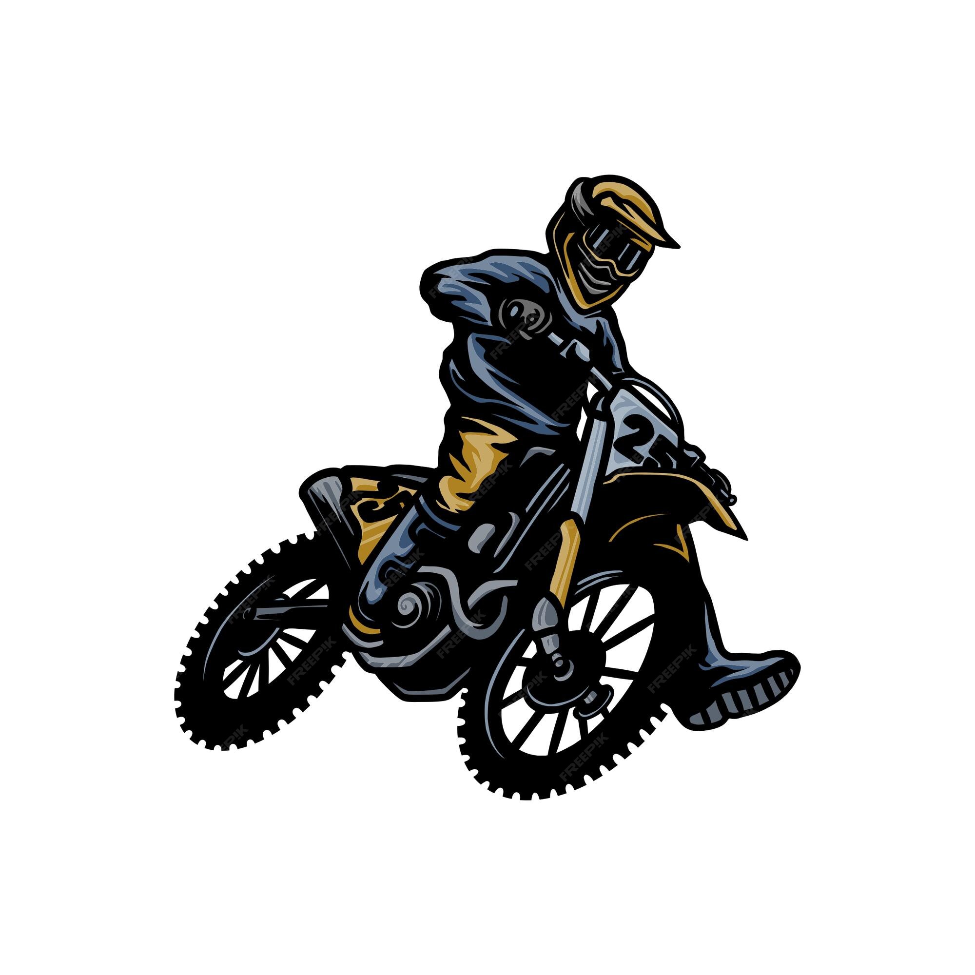 Ilustração monocromática do logotipo do piloto de moto de enduro