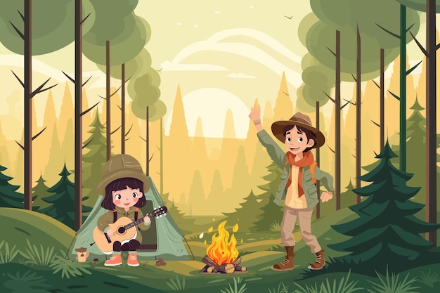 Ilustração em vetor de acampamento de verão para crianças de desenho animado