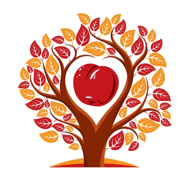 Ilustração em vetor de árvore com folhas e galhos em forma de coração com uma maçã dentro. imagem simbólica da ideia de fecundidade e fertilidade.