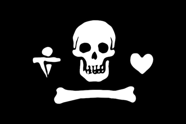 Vetor ilustração em vetor de bandeira de pirata com um coração de caveira e gráficos preto e branco de um pirata