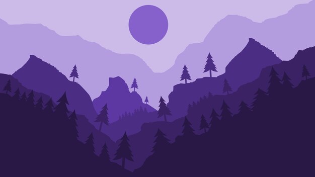 Ilustração em vetor de belas florestas e montanhas em composição de cor roxa