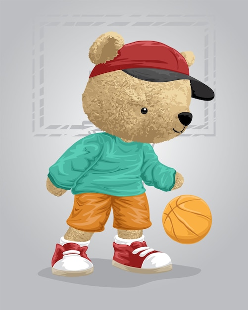 Ilustração em vetor de boneca urso jogando basquete