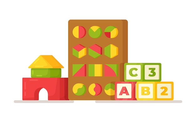 Vetor ilustração em vetor de brinquedos educativos. jogos educativos para letras, memória, geometria, música, números, etc. brinquedos para jardim de infância.