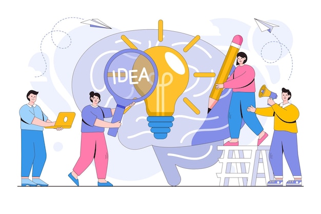 Ilustração em vetor de busca de novas soluções de ideias trabalhando juntas na empresa e fazendo brainstorming com personagens de pessoas