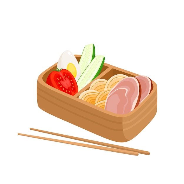 Ilustração em vetor de caixa de bento japonesa comida asiática tradicional com macarrão, presunto e pepino, ovo