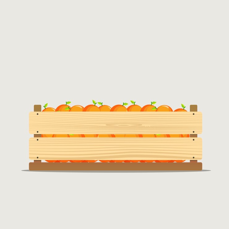 Vetor ilustração em vetor de caixa de vegetais de madeira com buracos e laranjas vista frontal da gaveta de frutas caixa isolada no fundo branco caixa para armazenamento e transporte de alimentos design de estilo simples