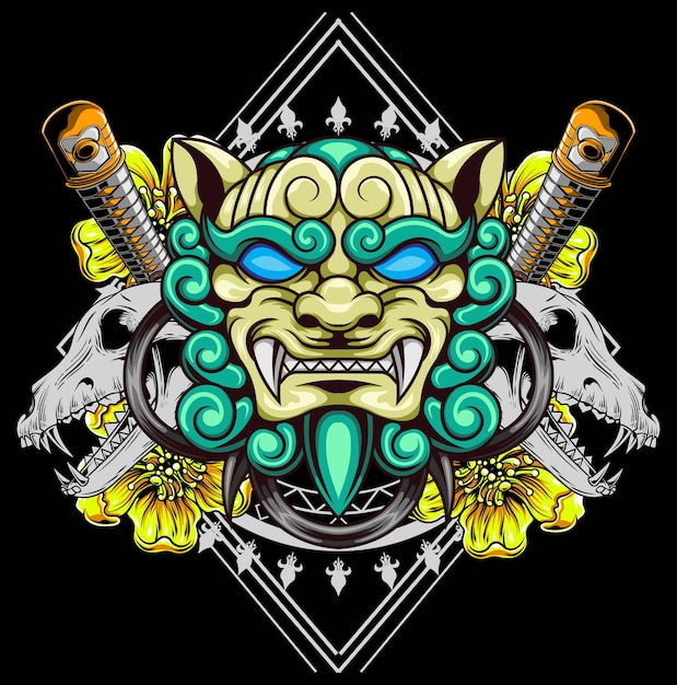 Ilustração em vetor de cão leão japonês komainu
