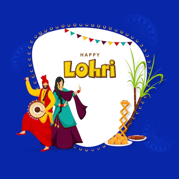 Ilustração em vetor de casal punjabi fazendo bhangra dance com dhol, sapp instrument, sweet plates, cana-de-açúcar no fundo branco e azul para feliz lohri celebration.