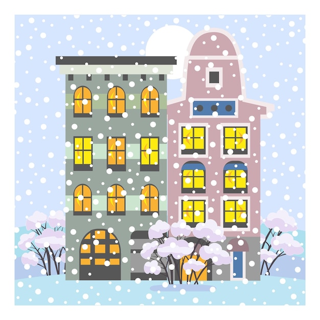 Vetor ilustração em vetor de casas no inverno em um dia de neve.