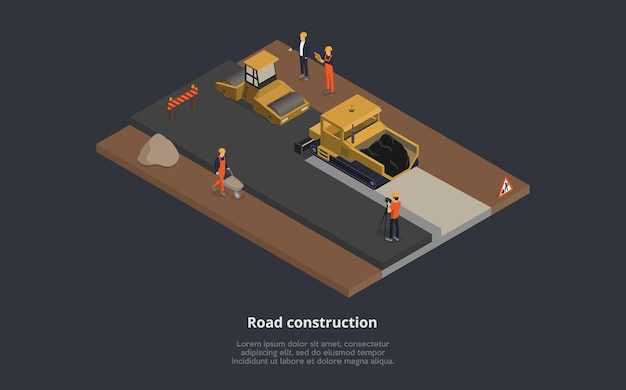 Ilustração em vetor de conceito de construção de estradas. Composição 3D isométrica com máquinas de rua em processo de trabalho. Personagens masculinos de desenho animado vestindo uniforme laranja, Superior em terno