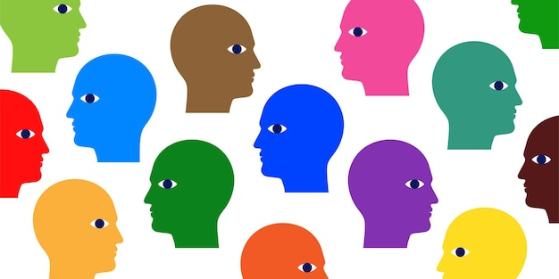 Ilustração em vetor de conceito de estrutura de sociedade com cabeças de homens coloridos espalhados no fundo branco