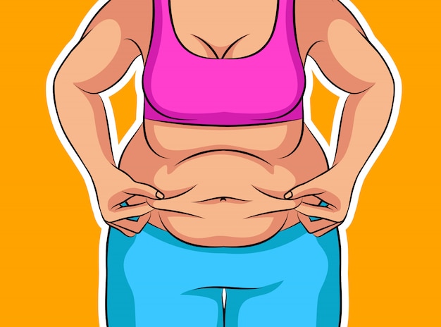 Vetor ilustração em vetor de cor de uma menina antes da perda de peso. barriga de gordura feminina. cartaz sobre dieta e estilo de vida pouco saudáveis. figura feminina obesa