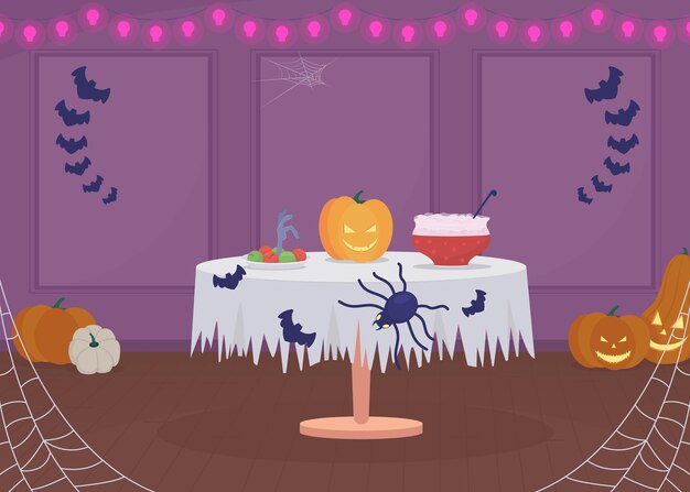 Ilustração em vetor de cor plana de arranjo de festa em casa de halloween