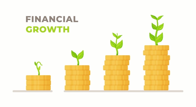 Ilustração em vetor de crescimento financeiro. Quatro pilhas de moedas com crescimento ascendente. Pilhas de crescimento. Crescimento financeiro.