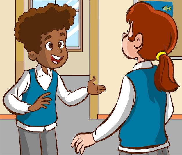Ilustração em vetor de crianças alegres e diversas em uniforme escolar conversando
