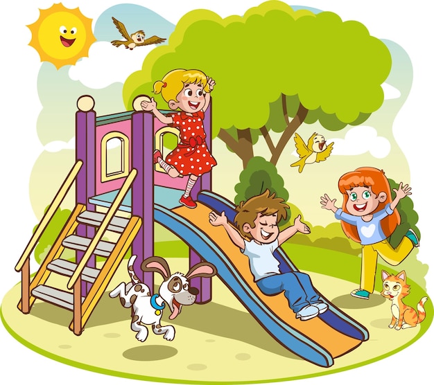 Vetor ilustração em vetor de crianças felizes brincando no playground