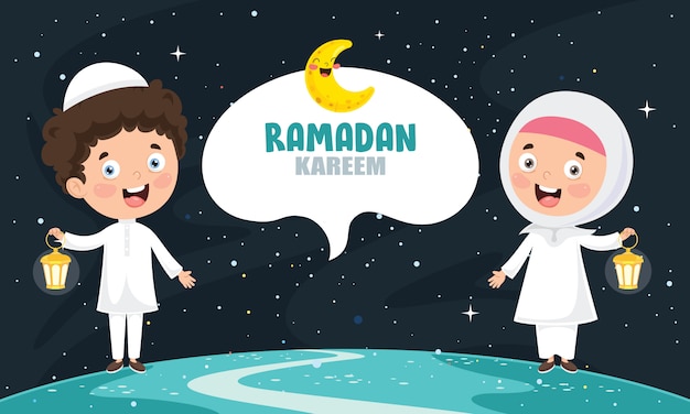 Ilustração em vetor de crianças muçulmanas celebrando o ramadã