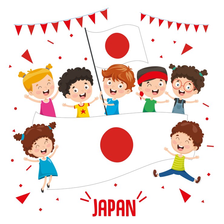 Vetor ilustração em vetor de crianças segurando bandeira do japão