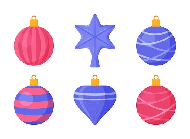 Ilustração em vetor de decorações de natal conjunto de brinquedos de natal de diferentes formas e tamanhos