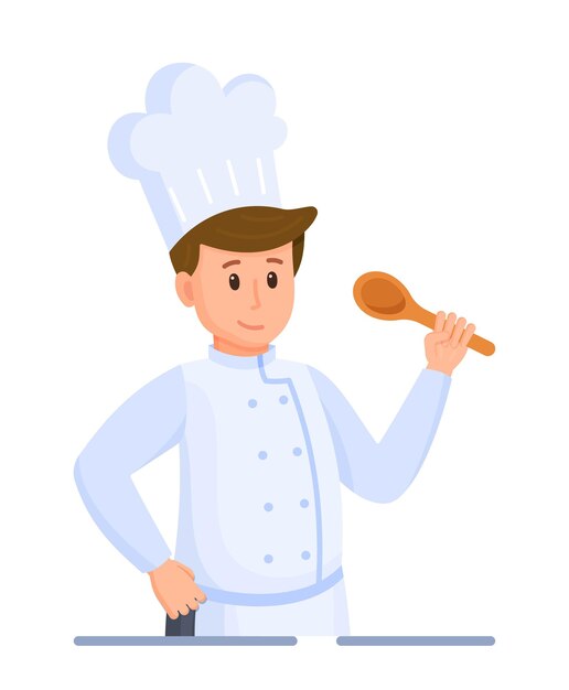 Ilustração em vetor de degustação do chef. chef em fundo branco. chef principal em um símbolo de tampa ou logotipo. o chefe de cozinha está cozinhando uma refeição em um restaurante.