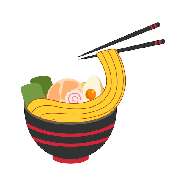 Ilustração em vetor de delicioso macarrão ramen japonês na tigela com estilo simples Asiático tradicional não