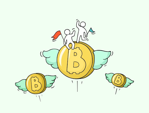 Ilustração em vetor de desenho animado com bitcoins voadores
