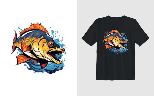 Ilustração em vetor de desenho animado de peixe ace na ilustração de design de camiseta de pesca retrô