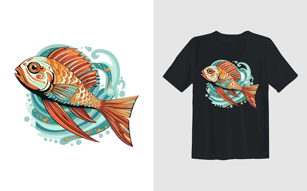 Vetor ilustração em vetor de desenho animado de peixe na ilustração de design de camiseta de pesca retrô