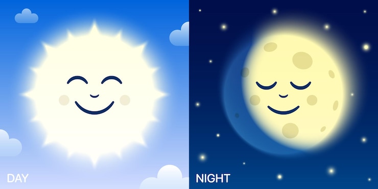 Vetor ilustração em vetor de desenho animado dia e noite com personagens engraçados de sol sorridente e lua adormecida