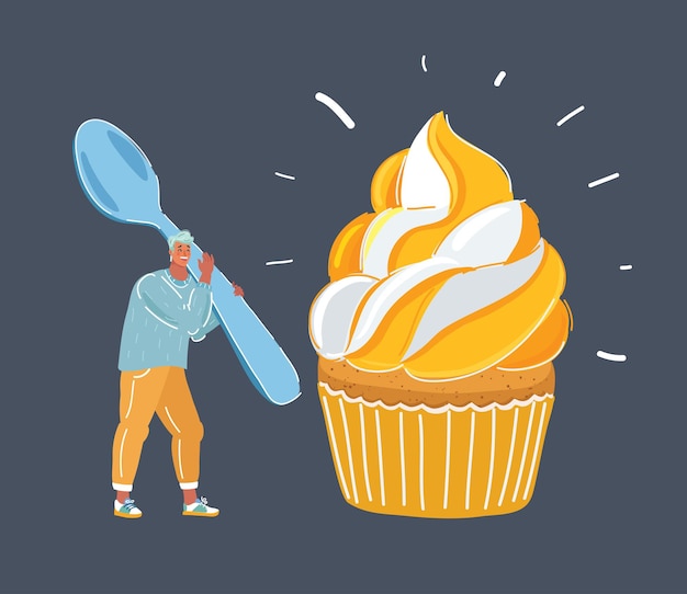 Ilustração em vetor de desenho animado do homem segurando uma colher grande e um cupcake gigante tentando comer o conceito de guloseima gula ganância em excesso