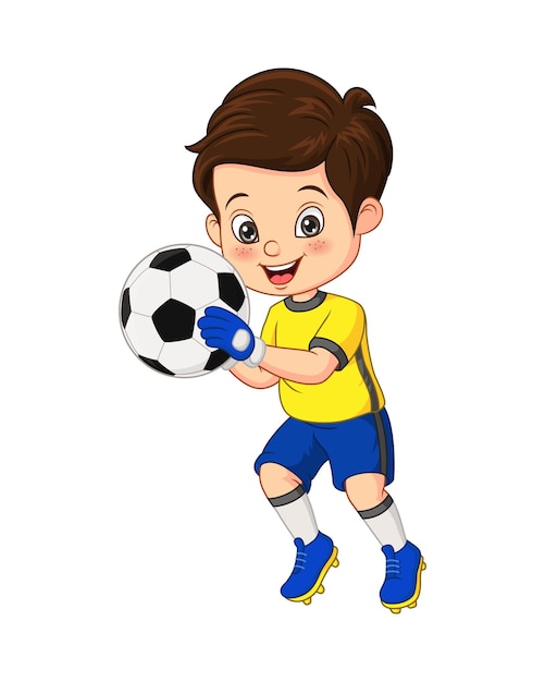 Ilustração em vetor de desenho animado garotinho segurando a bola de futebol