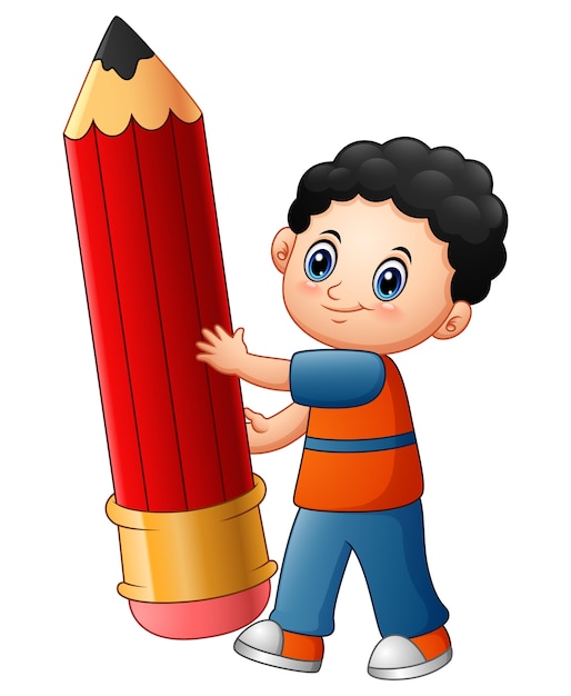 Ilustração em vetor de desenho de menino pequeno segurando um lápis