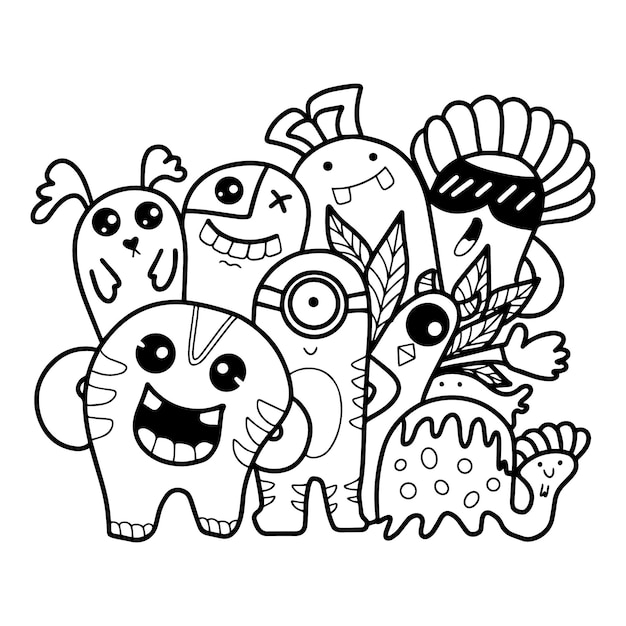 Ilustração em vetor de desenho de monstro fofo doodle engraçado